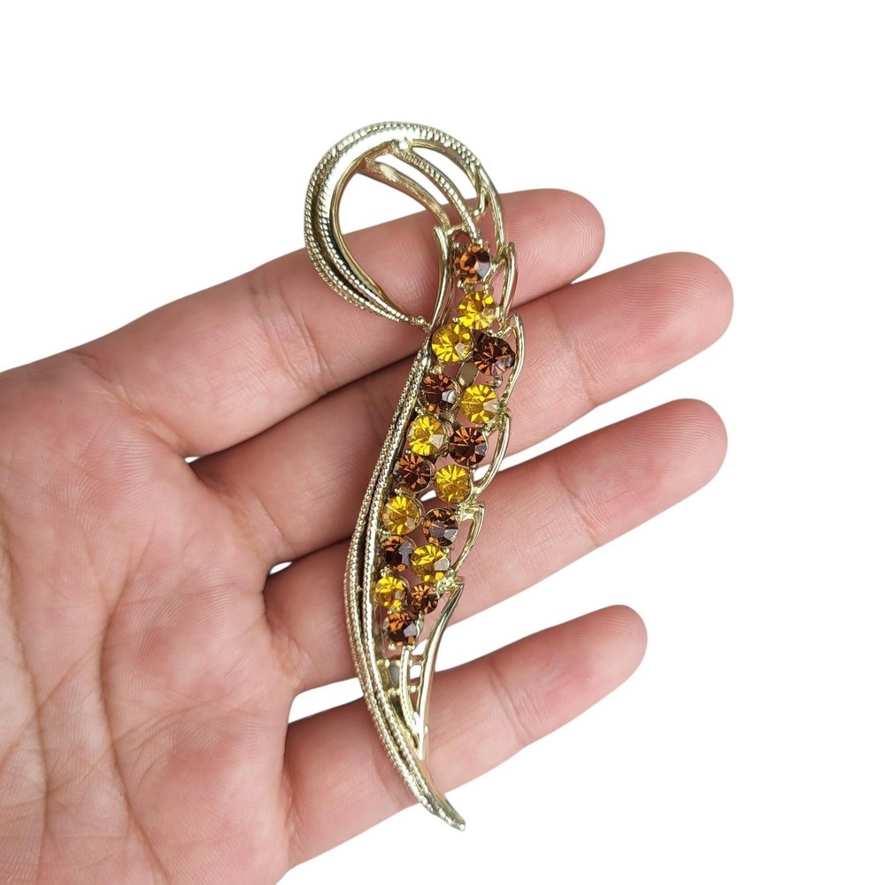 Vintage Coro Rhinestone Leaf Brooch Gold Tone Autumn Statement Pin 3.5" EUC
